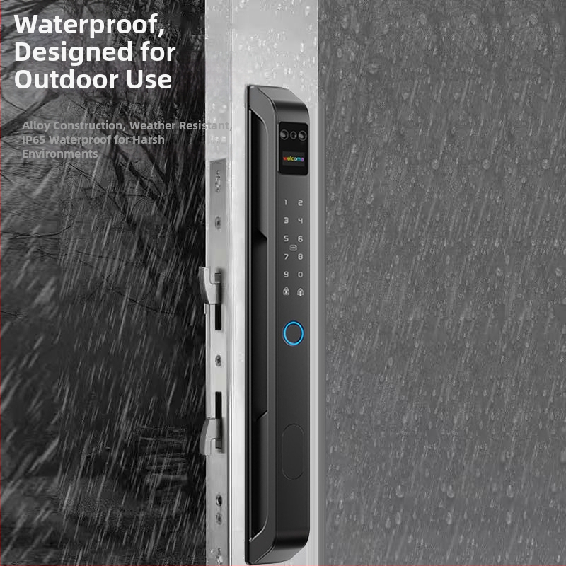 Încuietoare cu amprentă pentru exterior, încuietoare electronică cu parolă pentru uși glisante, blocare inteligentă cu aplicație, margine îngustă, impermeabilă, 100 de amprente stocate, scanare <1s, rată de recunoaștere falsă <1%, alimentare AC