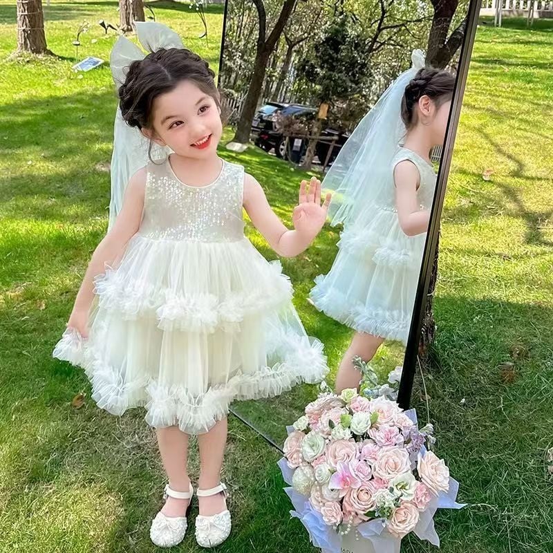 Детска рокля без ръкави със пайети и пухкава пола, полиестерова материя, подходяща за деца над 8 години (над 140 см), лято 2025