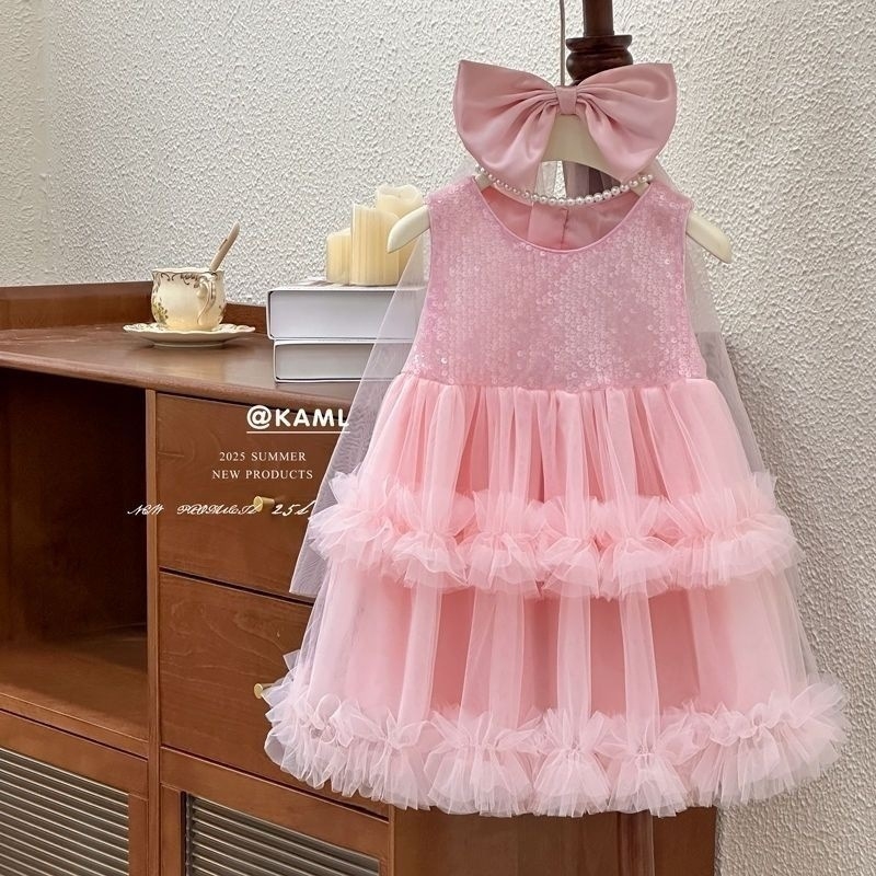 Детска рокля без ръкави със пайети и пухкава пола, полиестерова материя, подходяща за деца над 8 години (над 140 см), лято 2025