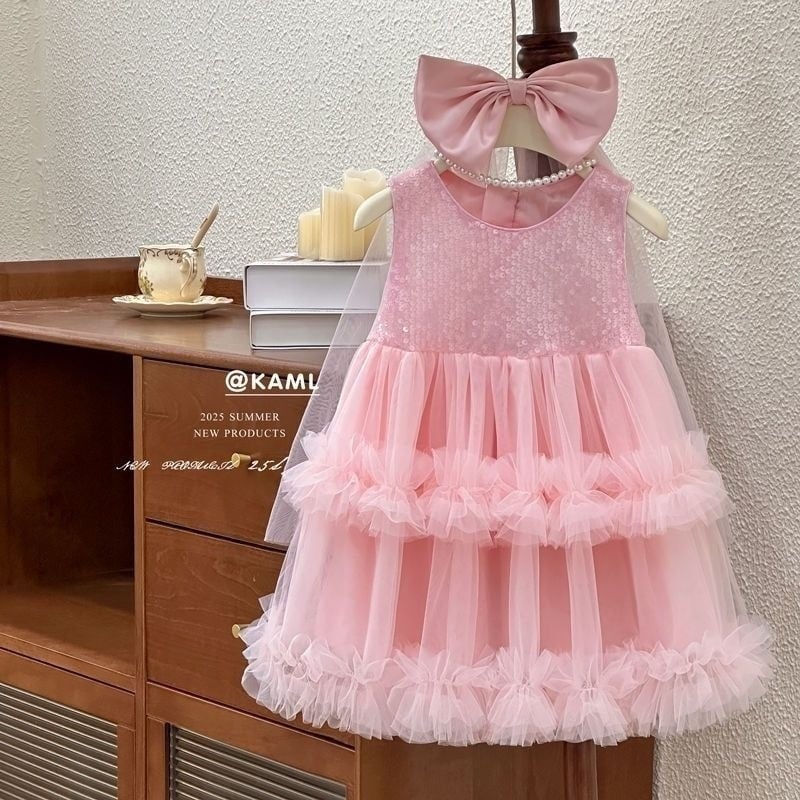 Детска рокля без ръкави със пайети и пухкава пола, полиестерова материя, подходяща за деца над 8 години (над 140 см), лято 2025