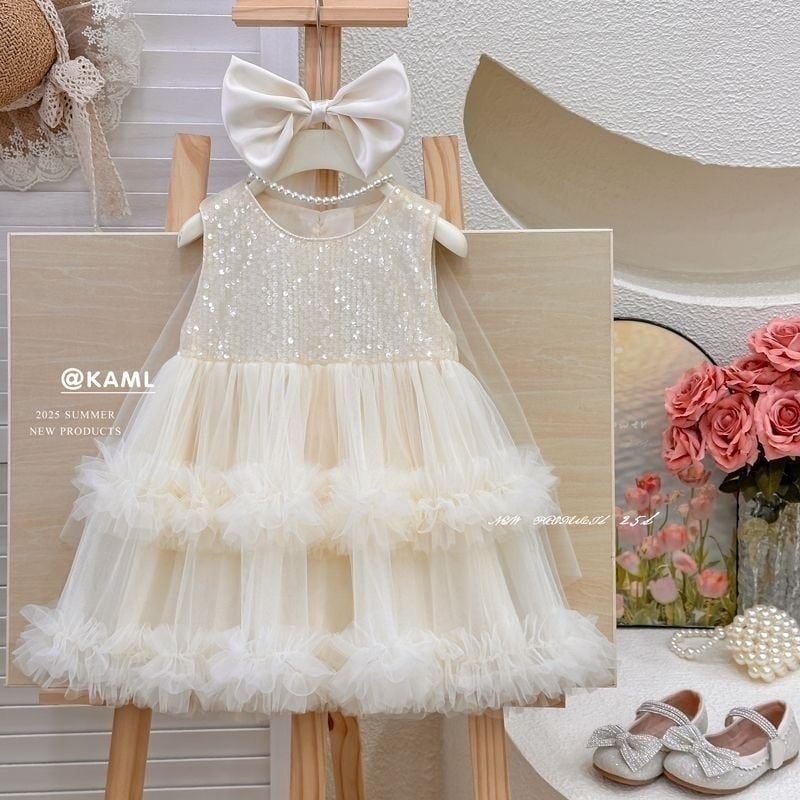 Детска рокля без ръкави със пайети и пухкава пола, полиестерова материя, подходяща за деца над 8 години (над 140 см), лято 2025
