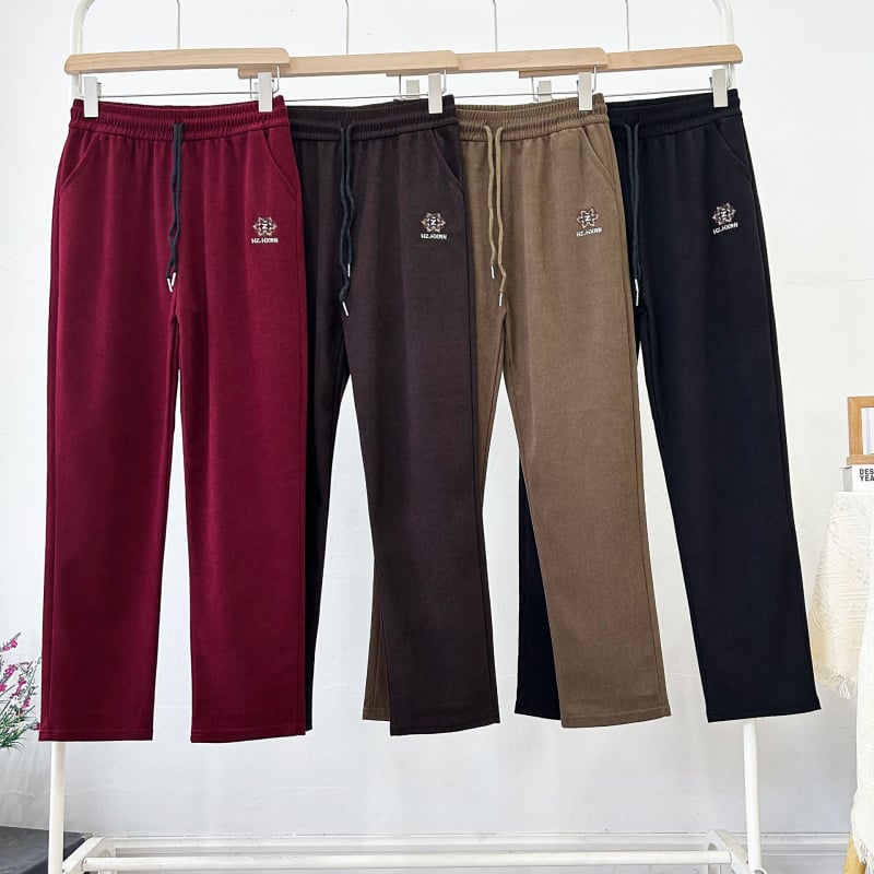 Ženske hlače od mohair flisa, visoki struk, ravni kroj, vezenje, mikroelastičnost