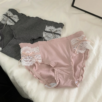 Chiloți pentru femei din bumbac, cu țesătură ribată, talie medie, dantelă și funda, antibacterian