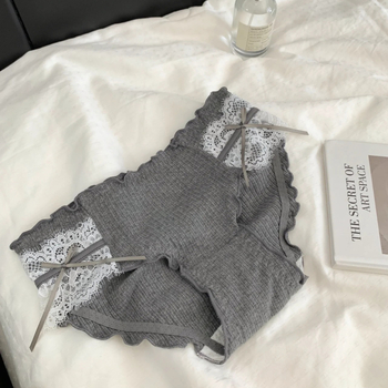 Chiloți pentru femei din bumbac, cu țesătură ribată, talie medie, dantelă și funda, antibacterian
