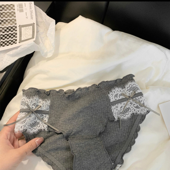 Chiloți pentru femei din bumbac, cu țesătură ribată, talie medie, dantelă și funda, antibacterian