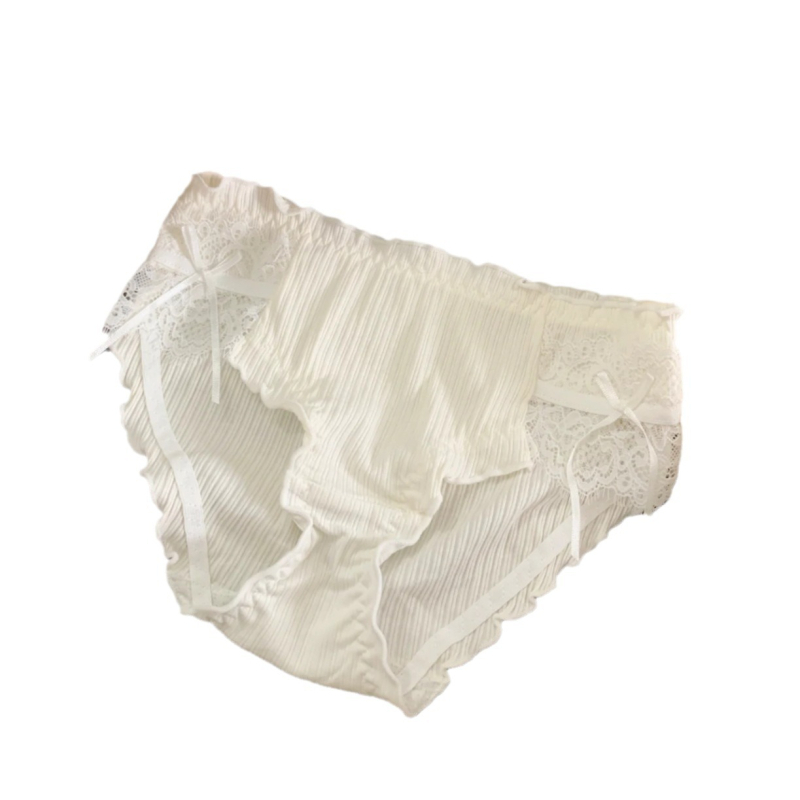 Chiloți pentru femei din bumbac, cu țesătură ribată, talie medie, dantelă și funda, antibacterian