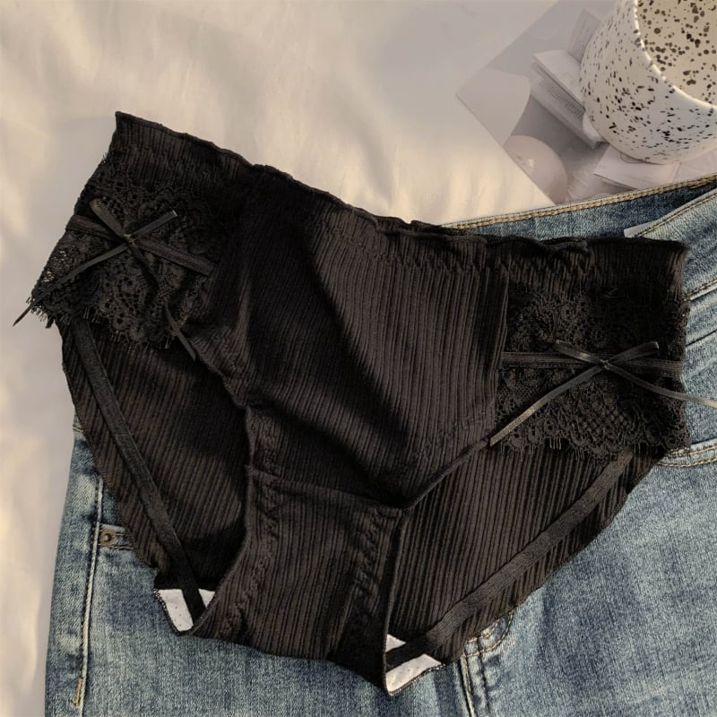 Chiloți pentru femei din bumbac, cu țesătură ribată, talie medie, dantelă și funda, antibacterian