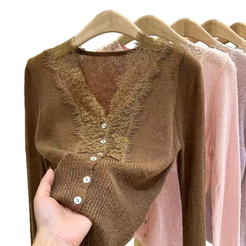 Mohair pleteni kardigan s V-izrezom, dugi rukavi, uski kroj, korejski stil