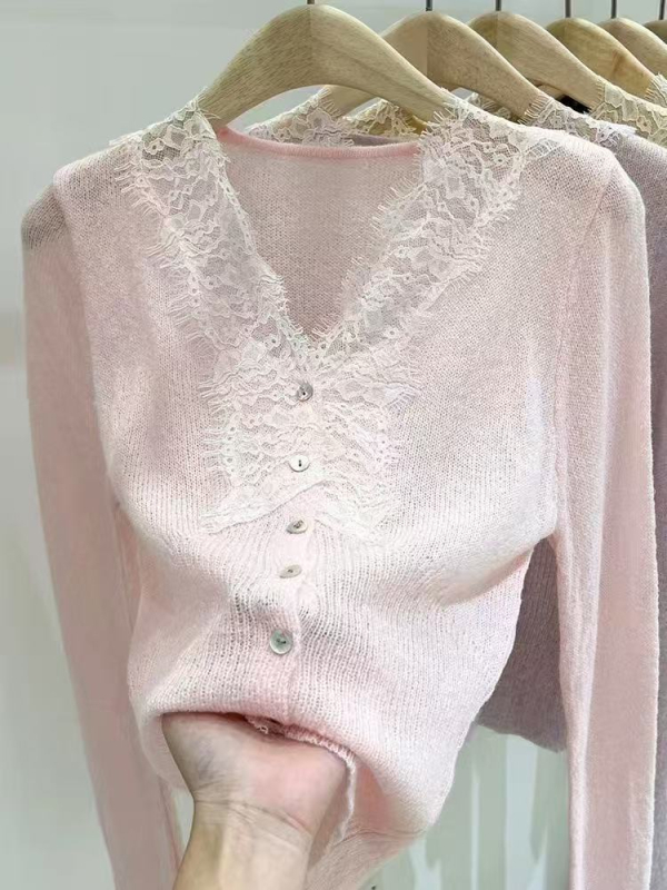 Mohair pleteni kardigan s V-izrezom, dugi rukavi, uski kroj, korejski stil