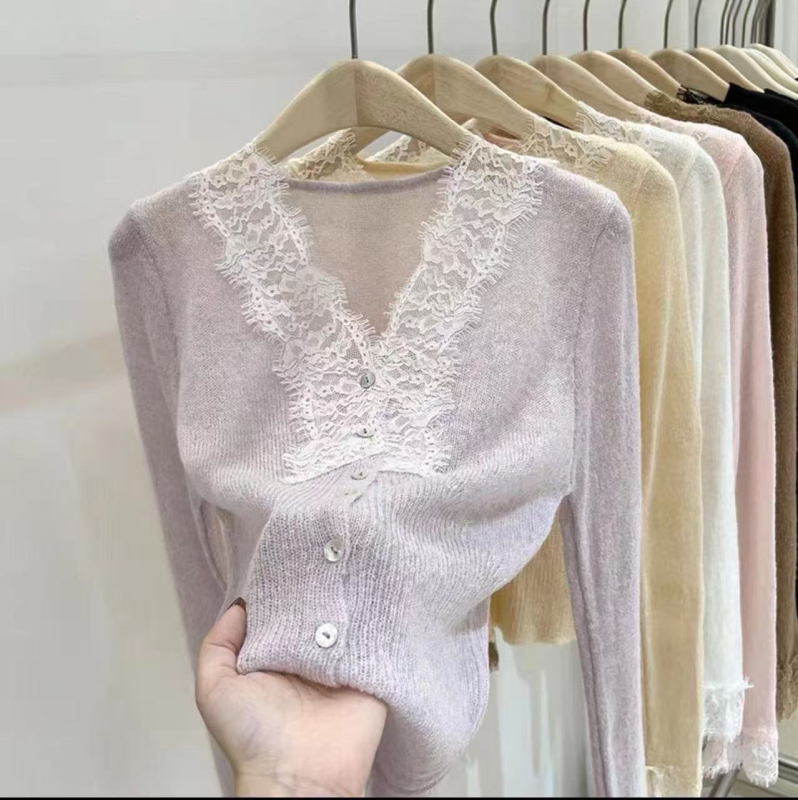 Mohair pleteni kardigan s V-izrezom, dugi rukavi, uski kroj, korejski stil