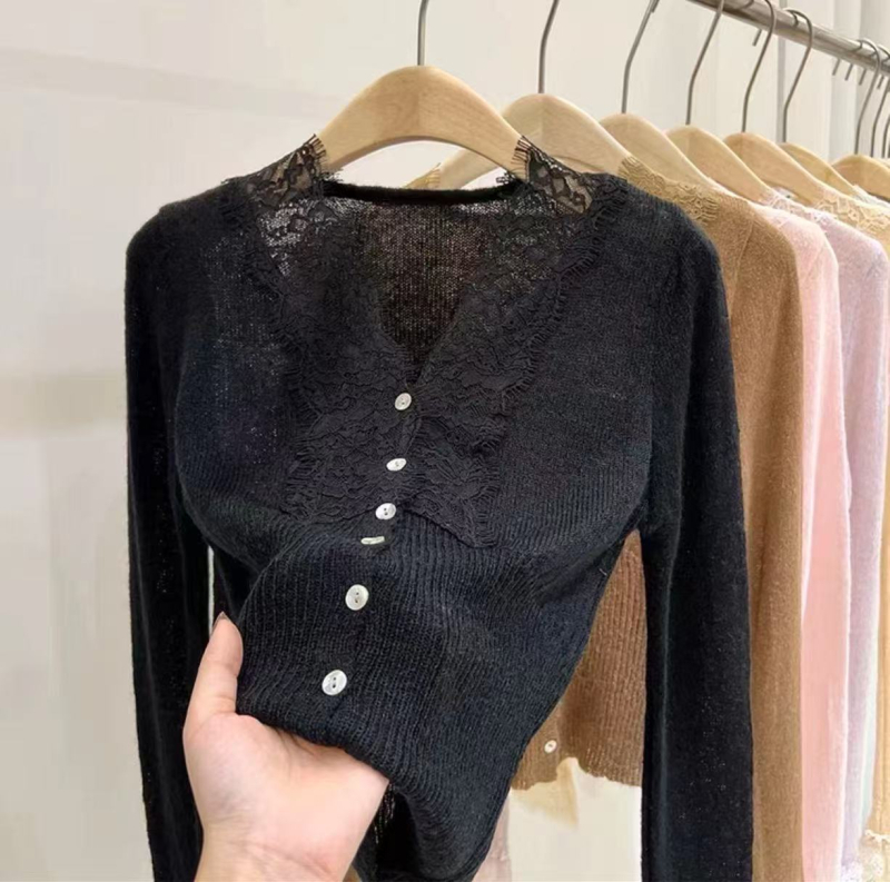 Mohair pleteni kardigan s V-izrezom, dugi rukavi, uski kroj, korejski stil