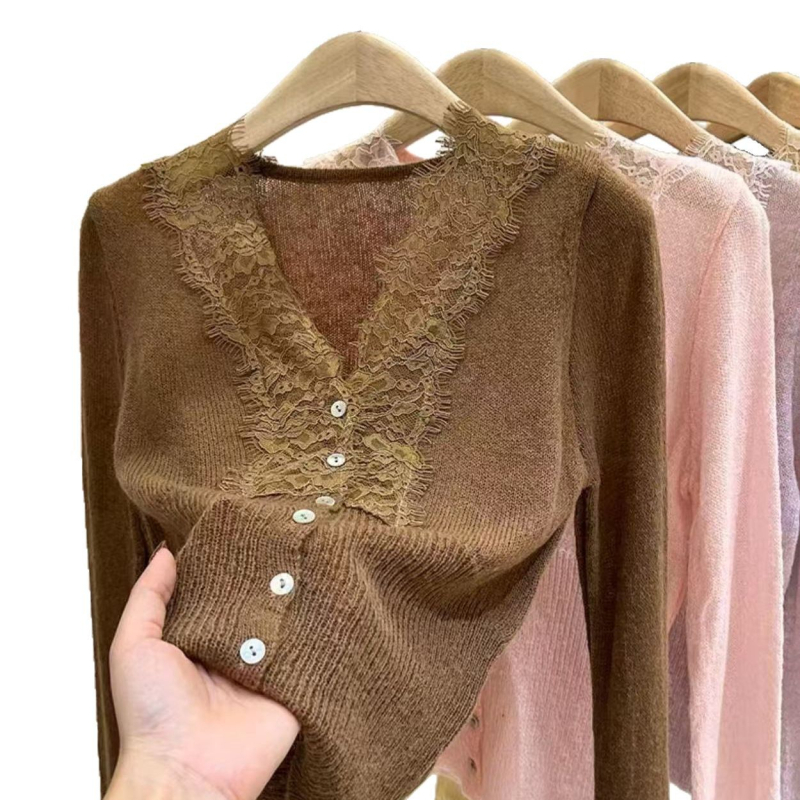 Mohair pleteni kardigan s V-izrezom, dugi rukavi, uski kroj, korejski stil