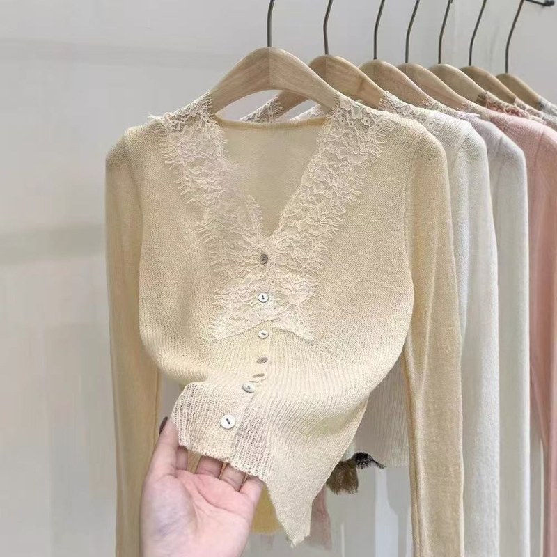 Mohair pleteni kardigan s V-izrezom, dugi rukavi, uski kroj, korejski stil
