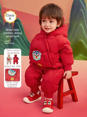 Detský overal s kapucňou, výplň z bieleho kačacieho páperia, zimný, karikatúrny vzor, zips