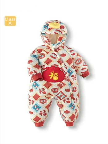 Detský overal s kapucňou, výplň z bieleho kačacieho páperia, zimný, karikatúrny vzor, zips