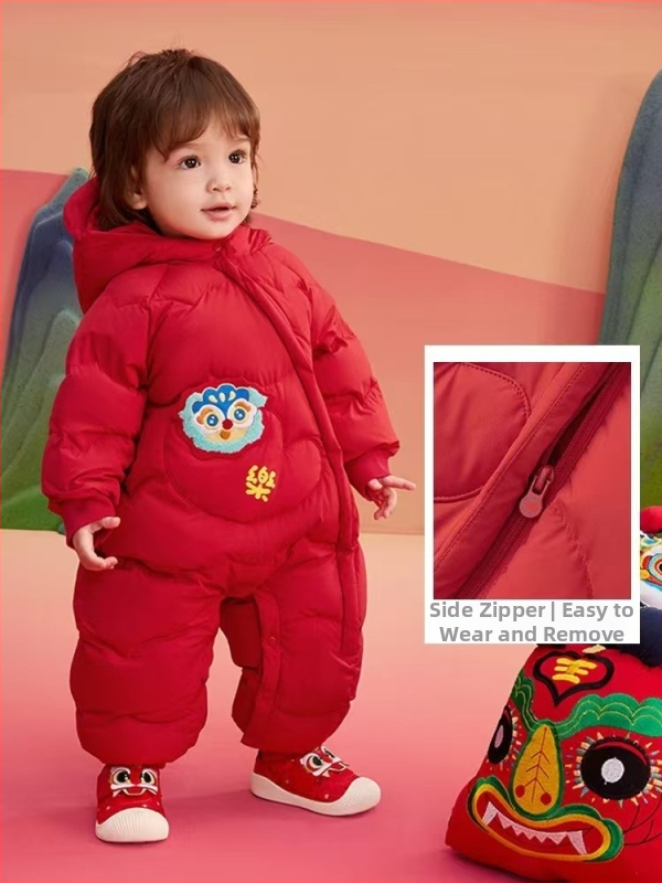 Detský overal s kapucňou, výplň z bieleho kačacieho páperia, zimný, karikatúrny vzor, zips
