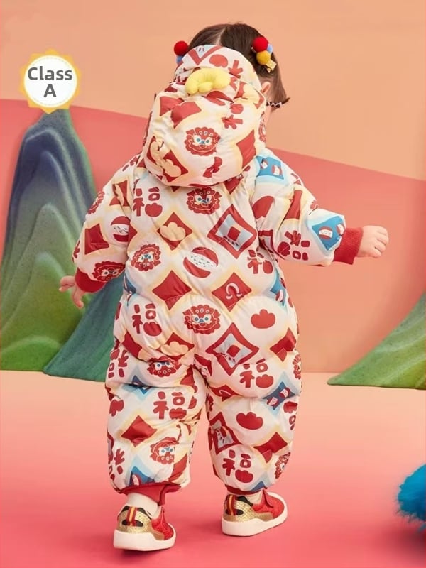 Detský overal s kapucňou, výplň z bieleho kačacieho páperia, zimný, karikatúrny vzor, zips