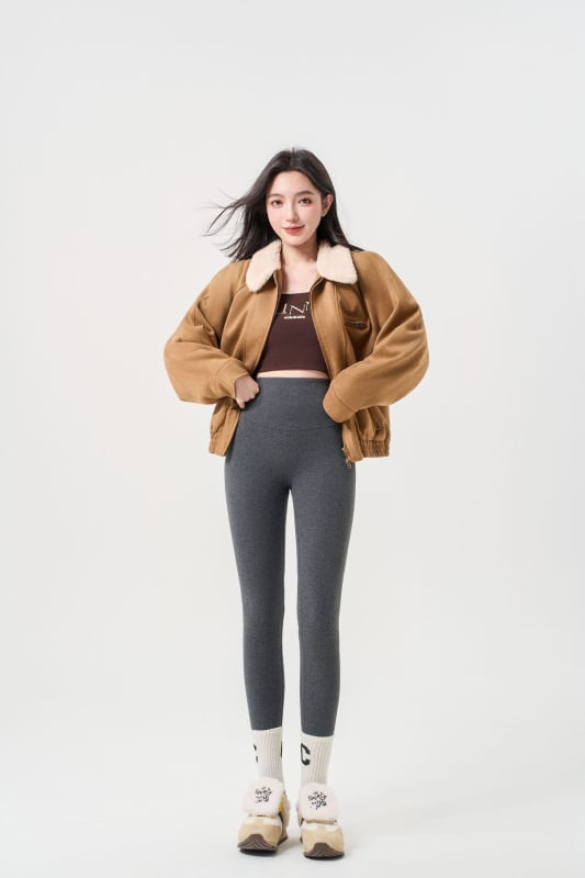 Pantaloni de yoga din bumbac cu fleece, călduți, talie înaltă, controlul abdomenului, ridicare șolduri, model 3D, 90-95% bumbac cu spandex