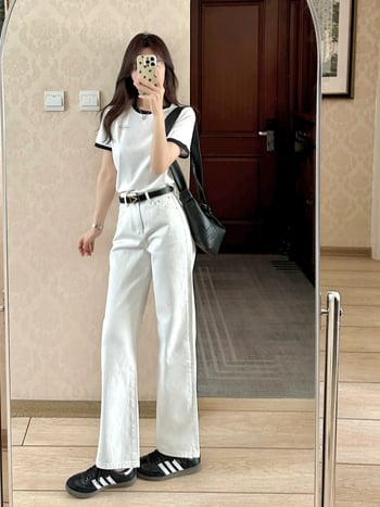 Дънки с прав силует и висока талия; 70–80% памук; висока еластичност; пролет 2026