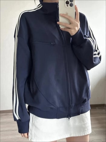 Ženska koreanskog stila zip cardigan s tri pruge baseball dizajnom, pamuk-poliester smjesa, stojeći ovratnik, dugi rukavi, opušten kroj, dužina 40–50 cm