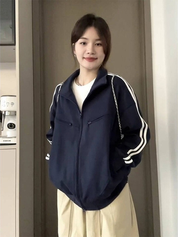 Ženska koreanskog stila zip cardigan s tri pruge baseball dizajnom, pamuk-poliester smjesa, stojeći ovratnik, dugi rukavi, opušten kroj, dužina 40–50 cm
