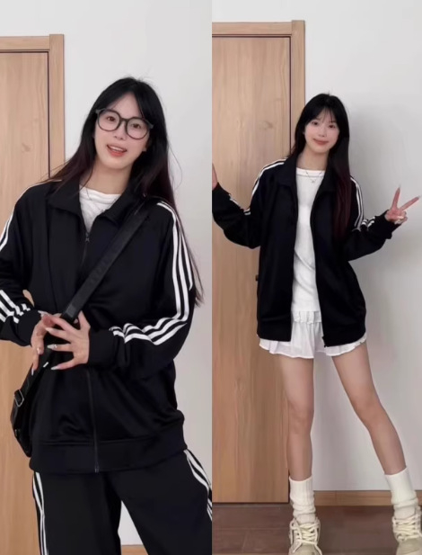 Ženska koreanskog stila zip cardigan s tri pruge baseball dizajnom, pamuk-poliester smjesa, stojeći ovratnik, dugi rukavi, opušten kroj, dužina 40–50 cm