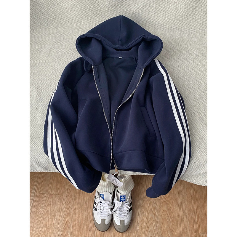 Ženska koreanskog stila zip cardigan s tri pruge baseball dizajnom, pamuk-poliester smjesa, stojeći ovratnik, dugi rukavi, opušten kroj, dužina 40–50 cm