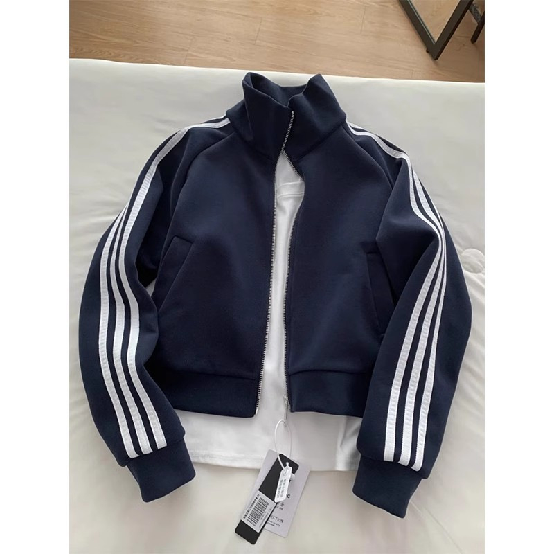 Ženska koreanskog stila zip cardigan s tri pruge baseball dizajnom, pamuk-poliester smjesa, stojeći ovratnik, dugi rukavi, opušten kroj, dužina 40–50 cm