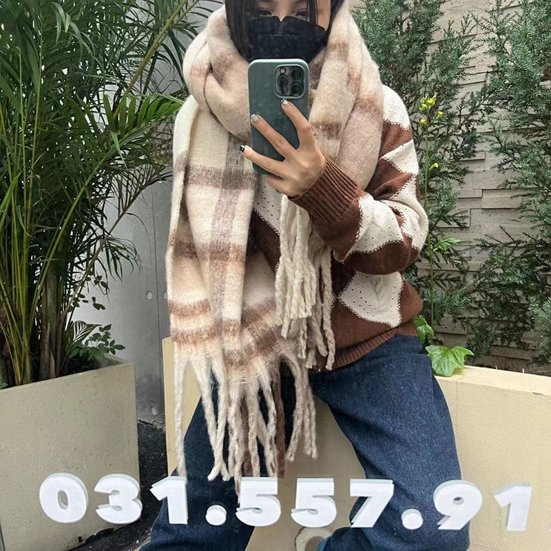 Zimski šal u korejskom stilu, debeli, s resicama, poliester, dojam lažnog kašmira