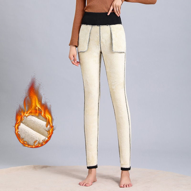 Pantaloni femei cu talie înaltă, căptuți cu fleece, din țesătură chenille-spandex, croială conică, grosime medie