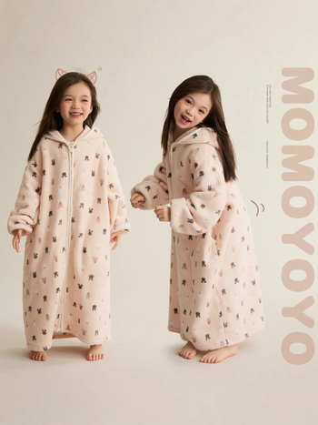 Παιδικός ρόμπα με κουκούλα από φλίς επένδυση, 90% βαμβάκι, φερμουάρ, για παιδιά 3–8 ετών, Χειμώνας 2025