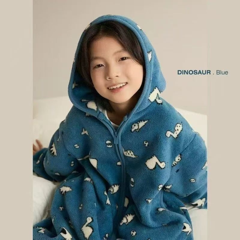 Παιδικός ρόμπα με κουκούλα από φλίς επένδυση, 90% βαμβάκι, φερμουάρ, για παιδιά 3–8 ετών, Χειμώνας 2025