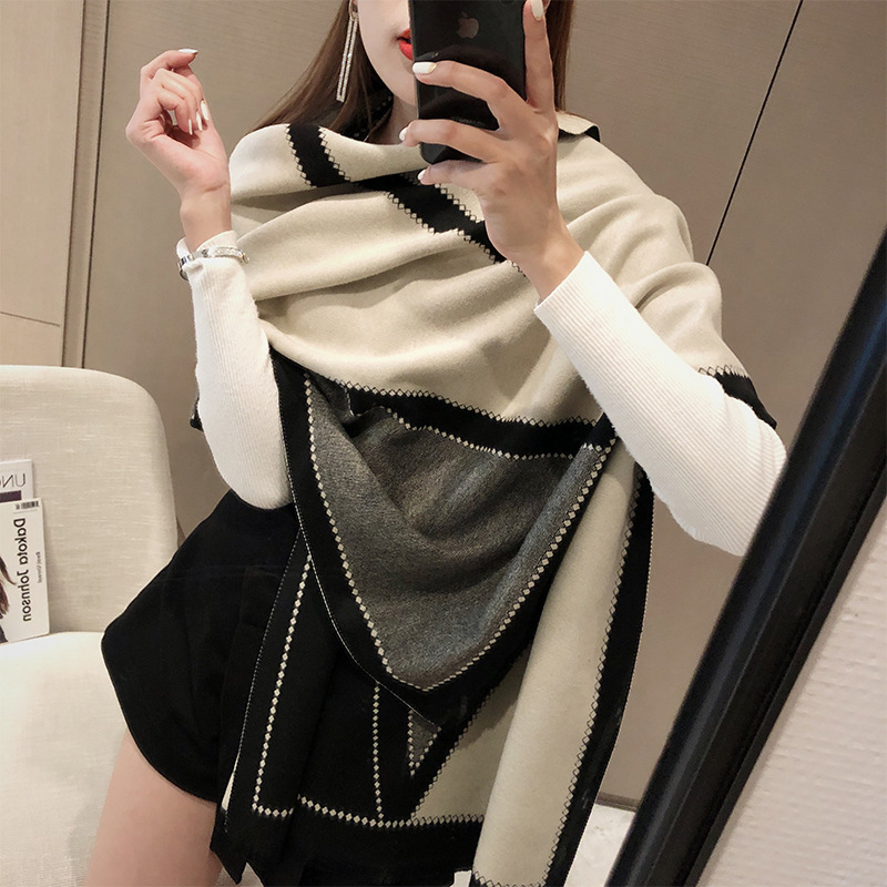 Ženski dvostrani šal od imitacije kašmira, warp-knit jacquard, geometrijski uzorak (zadržava toplinu)