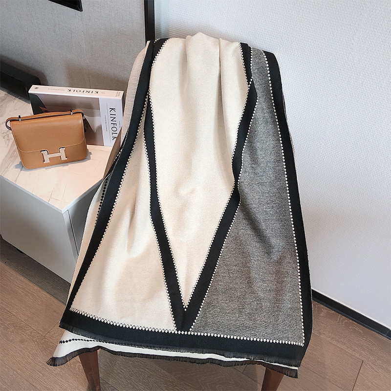 Ženski dvostrani šal od imitacije kašmira, warp-knit jacquard, geometrijski uzorak (zadržava toplinu)