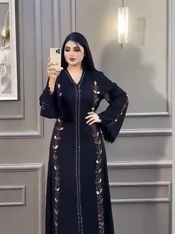 Abaya haljina za žene, duga, A-linija, etnički stil, V-izrez, dugi rukavi, tkivo Tencel