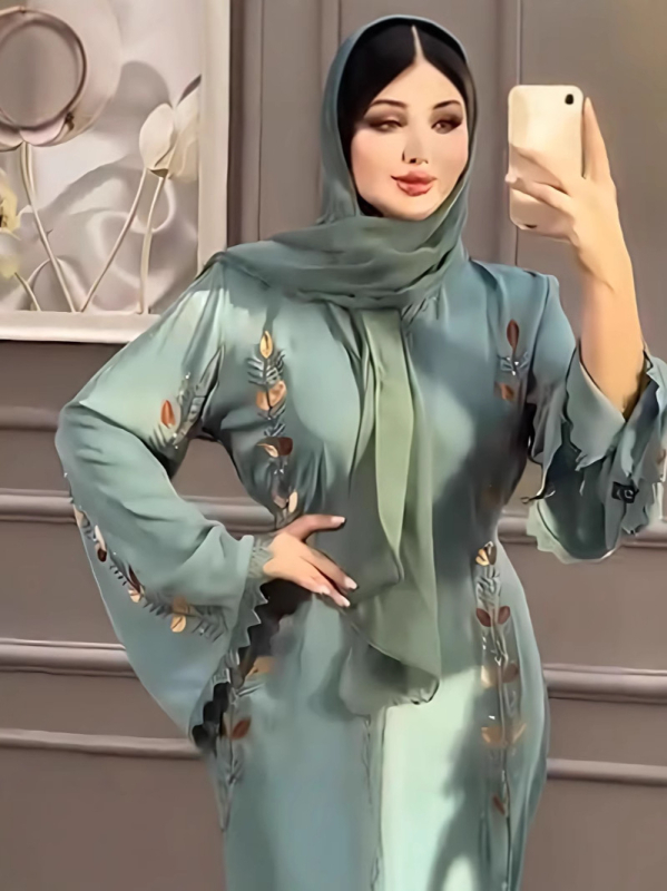 Abaya haljina za žene, duga, A-linija, etnički stil, V-izrez, dugi rukavi, tkivo Tencel