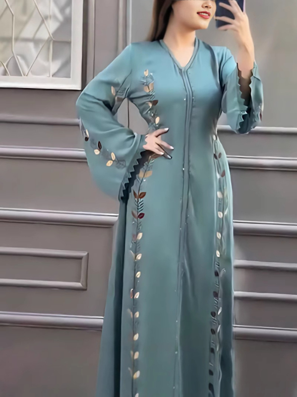 Abaya haljina za žene, duga, A-linija, etnički stil, V-izrez, dugi rukavi, tkivo Tencel