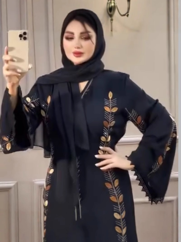 Abaya haljina za žene, duga, A-linija, etnički stil, V-izrez, dugi rukavi, tkivo Tencel