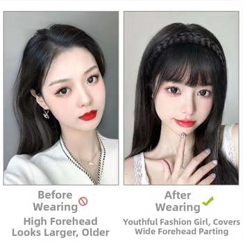 Perucă cu bandă pentru păr integrată, cu păr pe firuri laterale și breton pentru acoperirea părului gri. Material: sârmă rezistentă la temperaturi înalte • Poate fi vopsită și îndreptată • Tip breton: drept sau înclinat