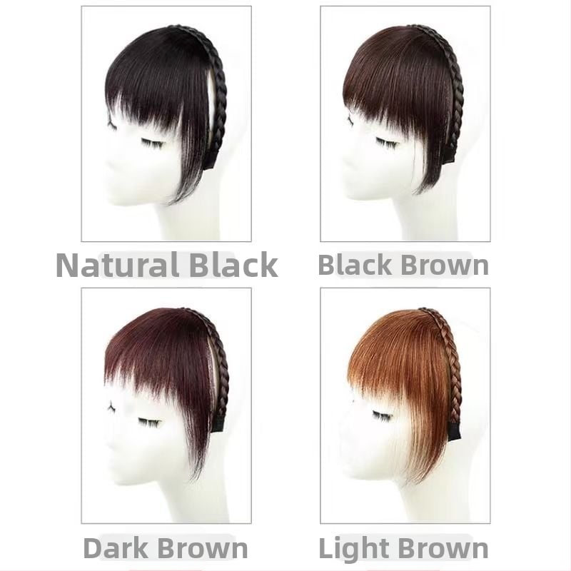 Perucă cu bandă pentru păr integrată, cu păr pe firuri laterale și breton pentru acoperirea părului gri. Material: sârmă rezistentă la temperaturi înalte • Poate fi vopsită și îndreptată • Tip breton: drept sau înclinat