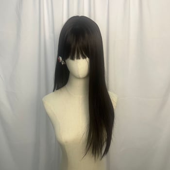 Perucă – păr lung drept; fibre de mătase rezistente la temperaturi înalte; producție mecanică; poate fi vopsită și tratată; breton drept; schimbare a coafurii