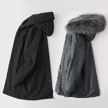 Ανδρικό παρκά με επένδυση από γούνα κουνελιού, κουκούλα με φερμουάρ, μεσαίου μήκους, κορεατικό στυλ