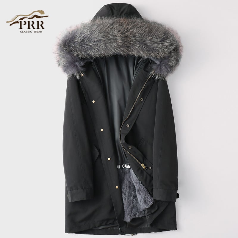Ανδρικό παρκά με επένδυση από γούνα κουνελιού, κουκούλα με φερμουάρ, μεσαίου μήκους, κορεατικό στυλ