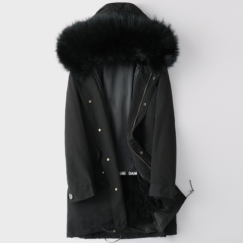 Ανδρικό παρκά με επένδυση από γούνα κουνελιού, κουκούλα με φερμουάρ, μεσαίου μήκους, κορεατικό στυλ