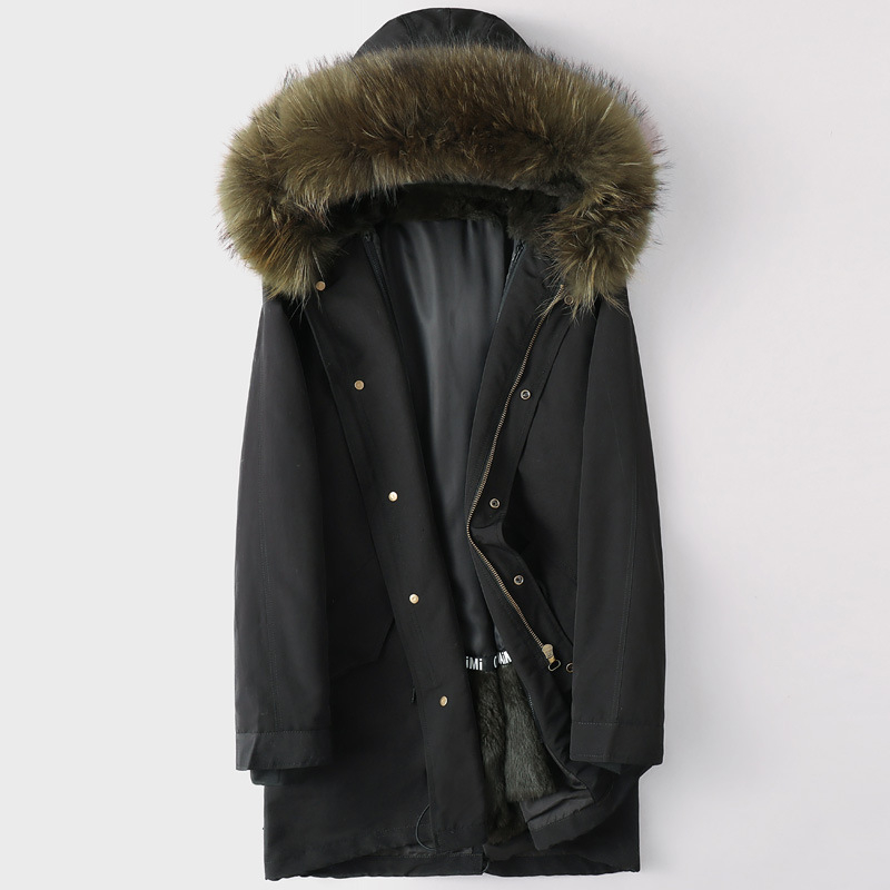 Ανδρικό παρκά με επένδυση από γούνα κουνελιού, κουκούλα με φερμουάρ, μεσαίου μήκους, κορεατικό στυλ