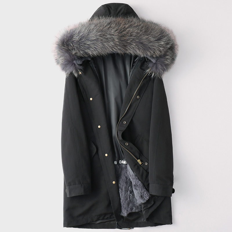 Ανδρικό παρκά με επένδυση από γούνα κουνελιού, κουκούλα με φερμουάρ, μεσαίου μήκους, κορεατικό στυλ