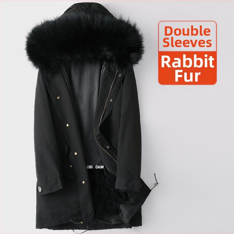 Ανδρικό παρκά με επένδυση από γούνα κουνελιού, κουκούλα με φερμουάρ, μεσαίου μήκους, κορεατικό στυλ