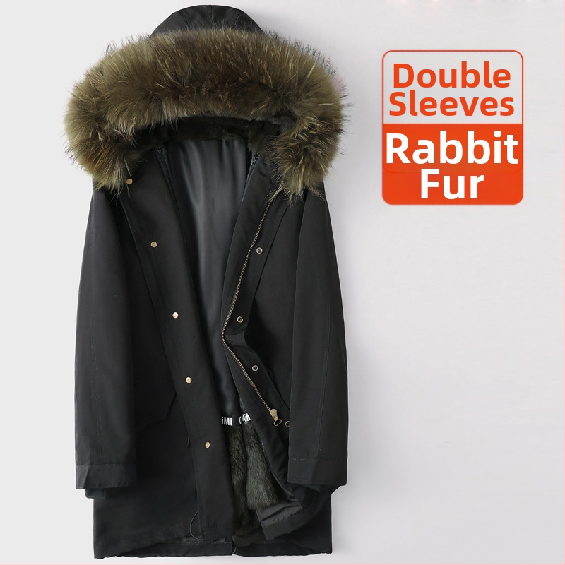 Ανδρικό παρκά με επένδυση από γούνα κουνελιού, κουκούλα με φερμουάρ, μεσαίου μήκους, κορεατικό στυλ