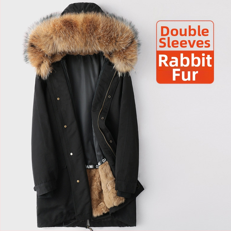 Ανδρικό παρκά με επένδυση από γούνα κουνελιού, κουκούλα με φερμουάρ, μεσαίου μήκους, κορεατικό στυλ