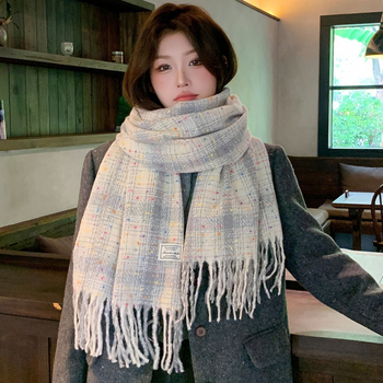 Голям шал с ивици и каре, полиестер, warp-knit тъкане, топлина за зима, удължен и универсален стил
